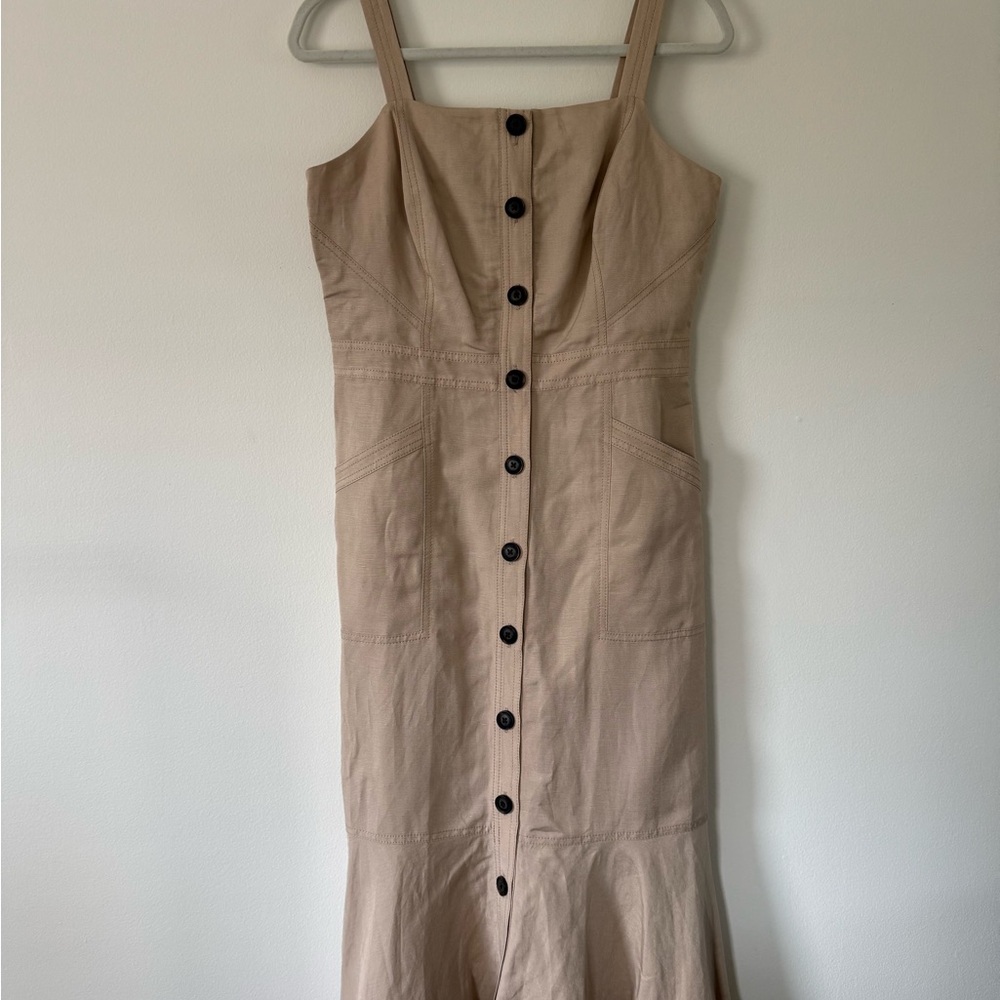 Tan Flared Button Front Linen Banana Republic Midi Sundress Size M